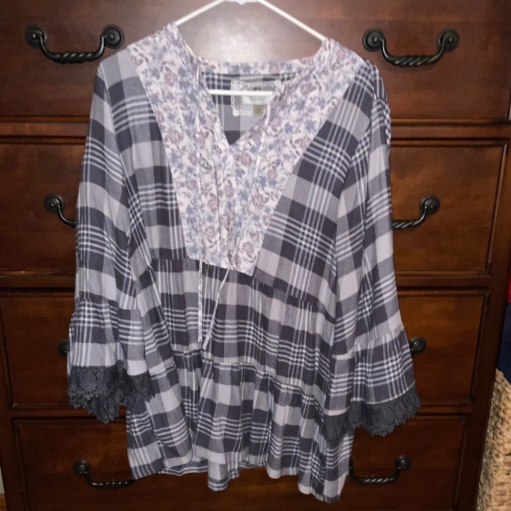 Cupio Women's 3/4 Sleeve Tiered Plaid Top XL